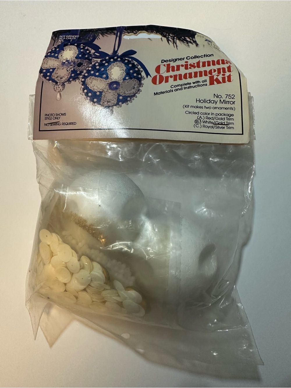 Vtg 80s THL Holiday Mirror #752 Christmas Ornament Kit White Gold Sequins Beads